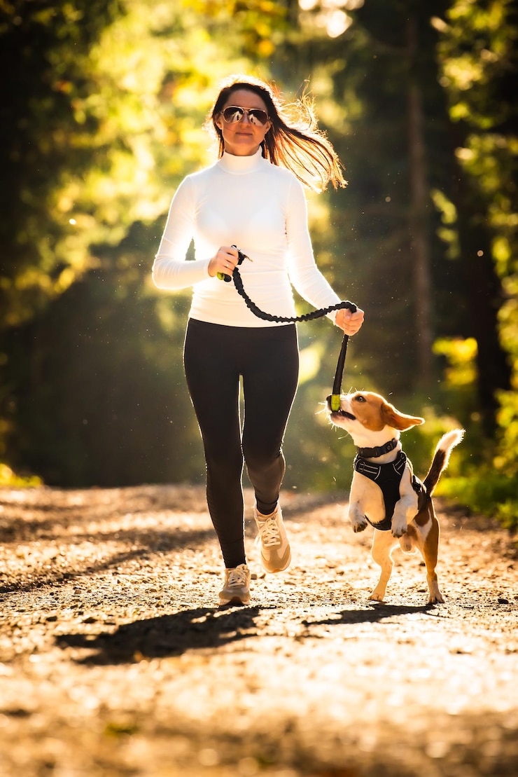 Foto mulher com óculos de sol a passear cão na estrada