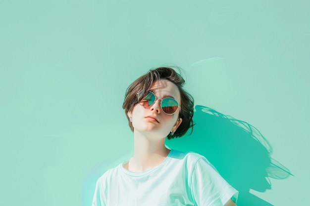 Mulher com óculos de sol e camisa branca