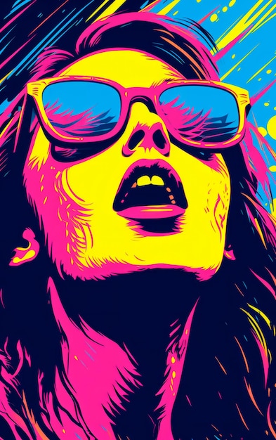 Mulher com óculos de sol no estilo pop art de desenho animado