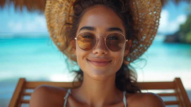 Mulher com óculos de sol sob um chapéu de palha em uma praia tropical