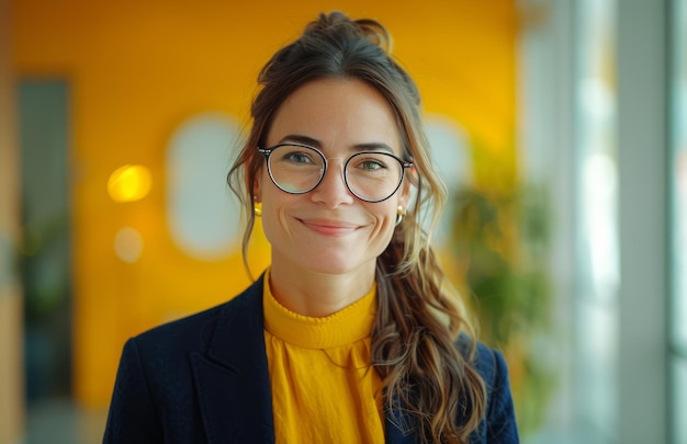 Mulher com óculos e camisa amarela