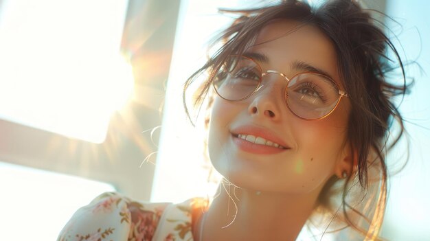 Mulher com óculos e uma camisa floral