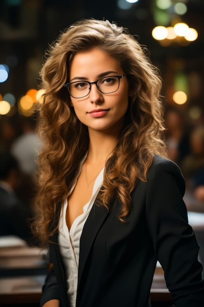 Mulher com óculos está posando para uma foto no restaurante Generative AI