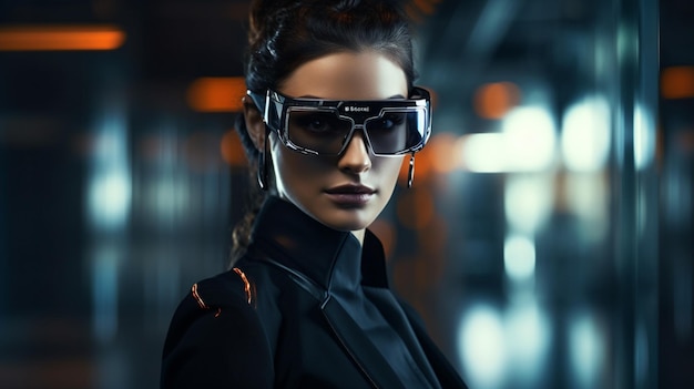 Mulher com óculos inteligentes Tecnologia futurista AR