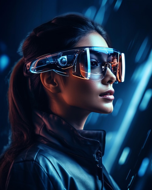 Mulher com óculos inteligentes Tecnologia futurista AR