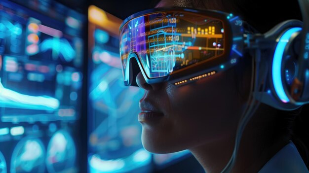 Mulher com óculos VR futuristas imersa em análise de dados virtuais