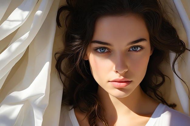 Mulher com olhos azuis e camisa branca em IA Gerativa