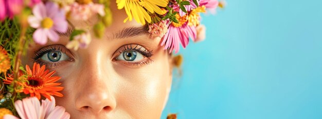 Mulher com olhos cercados de flores Olho cativante em fundo azul