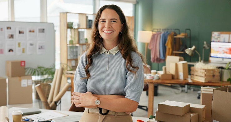 Foto mulher com os braços cruzados e retrato em startup para design de moda ou e-commerce sorriso para envio com estoque empresária feliz e confiante para negócios on-line com roupas no escritório