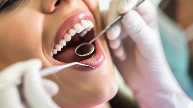 Mulher com os dentes examinados por um dentista