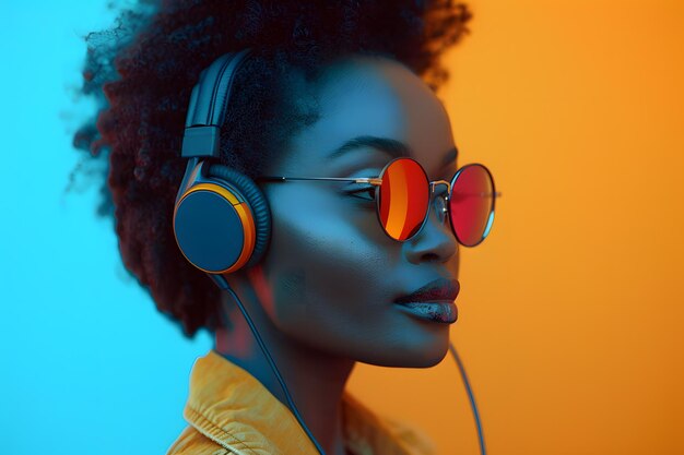 Mulher com penteado elegante usando fones de ouvido e óculos de sol desfrutando de música