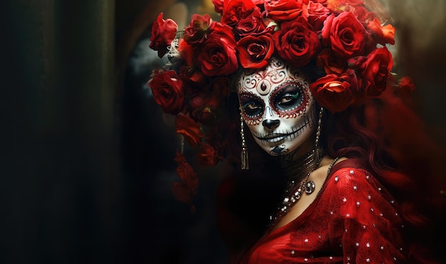 Mulher com pintura facial de caveira e rosas na cabeça