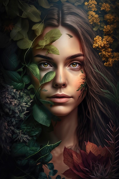 Mulher com plantas e flores em seu rosto AI Generated