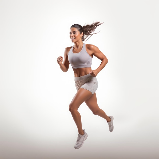 Foto mulher com rabo de cavalo jogging fundo branco feliz e energético generative ai