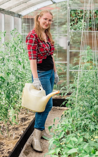 Mulher com regador de jardim rega plantas e tomates verdes jardinagem e conceito de estufa