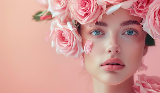 Foto mulher com rosas cor-de-rosa suaves em fundo rosa copy spacy