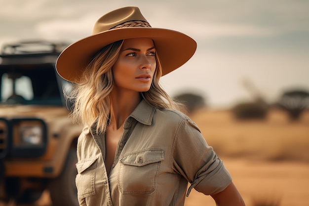 Mulher com roupa de aventureiro e chapéu na África