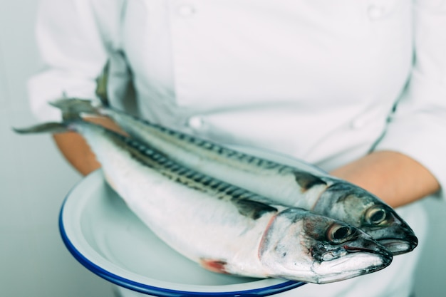 Mulher com roupa de chef, mostrando um prato com peixe fresco. conceito de cozinha. cavala fresca em um prato branco.