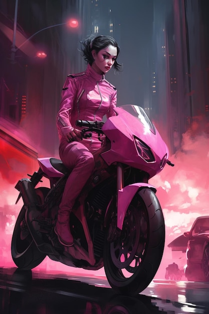 Mulher com roupa rosa em um motor rosa