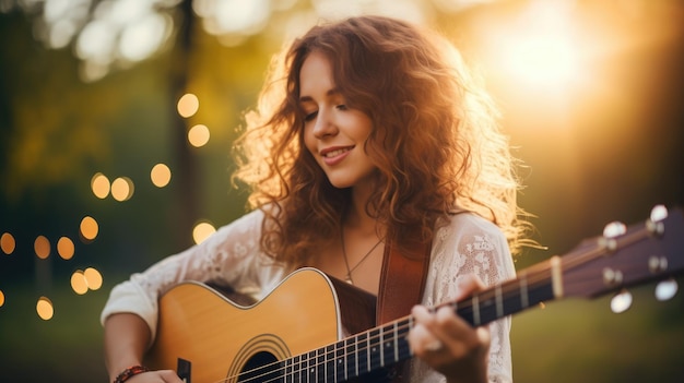 Foto mulher com roupas de campo com guitarra com fundo de natureza desfocado