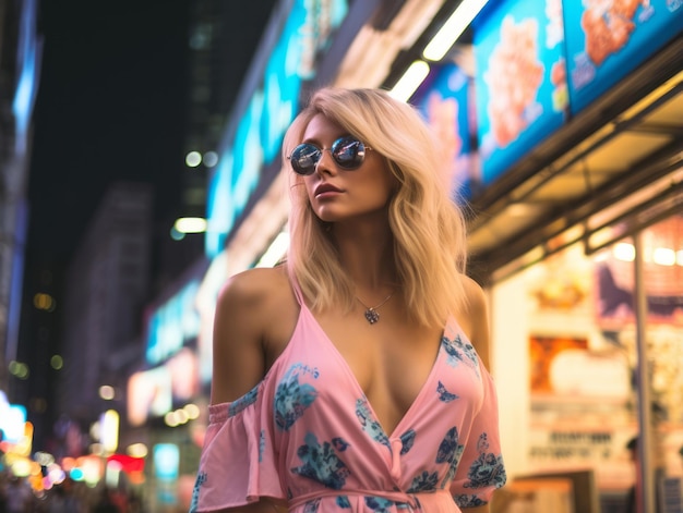 mulher com roupas futuristas gosta de passear pelas ruas neon da cidade