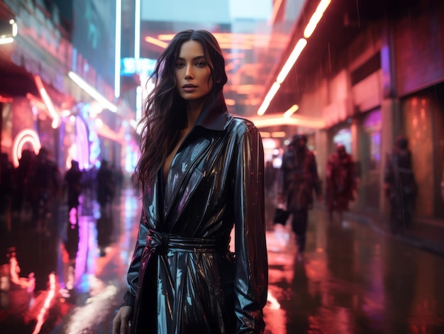 mulher com roupas futuristas gosta de passear pelas ruas neon da cidade