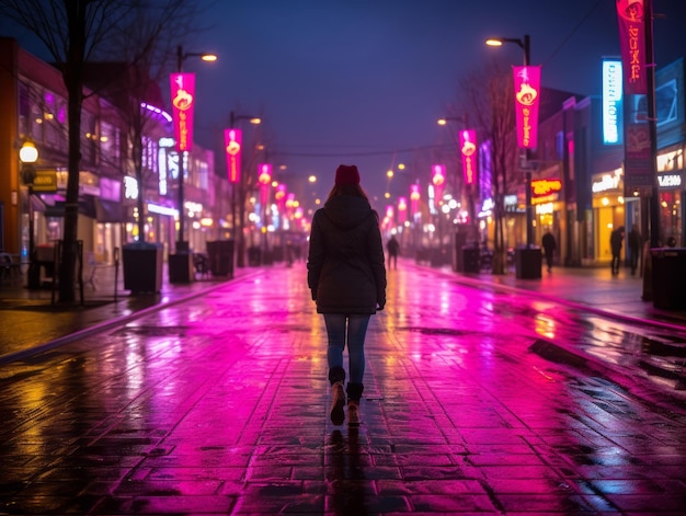 mulher com roupas futuristas gosta de passear pelas ruas neon da cidade