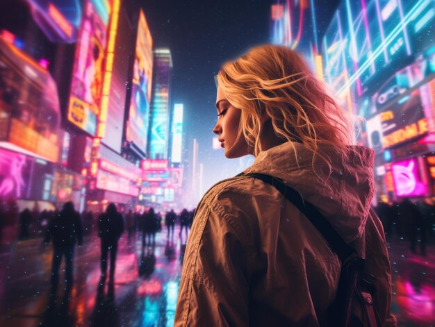 mulher com roupas futuristas gosta de passear pelas ruas neon da cidade