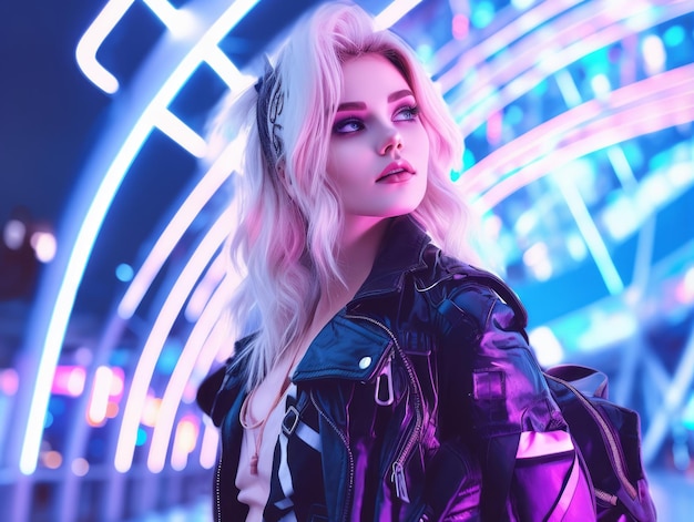 mulher com roupas futuristas gosta de passear pelas ruas neon da cidade