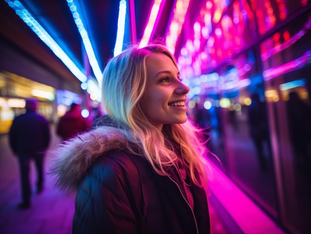 mulher com roupas futuristas gosta de passear pelas ruas neon da cidade