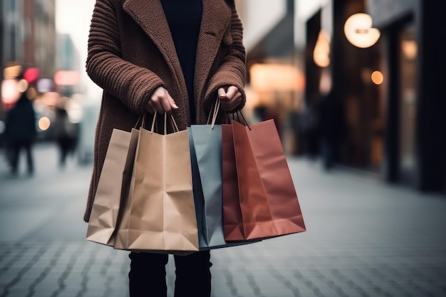 Mulher com sacolas de compras andando na rua Generative AI