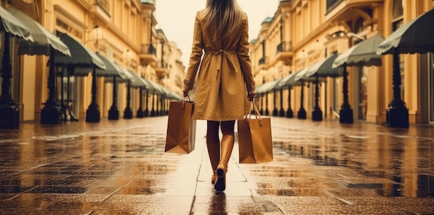Mulher com sacolas de compras andando na rua Generative AI
