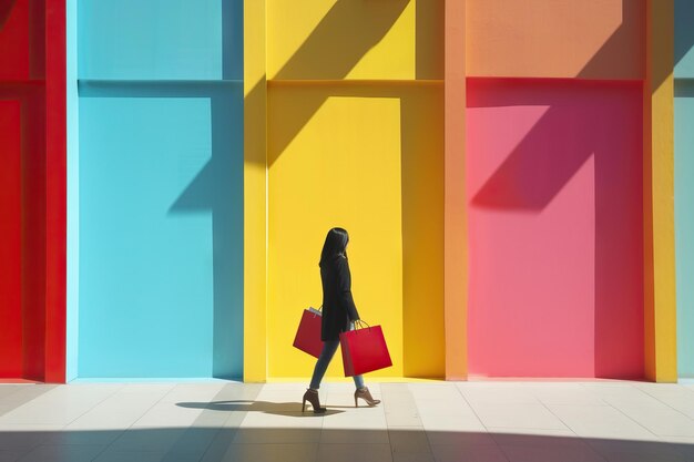 Foto mulher com sacos de compras coloridos em fundo colorido