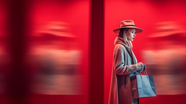 Foto mulher com sacos de compras em roupas cinzentas