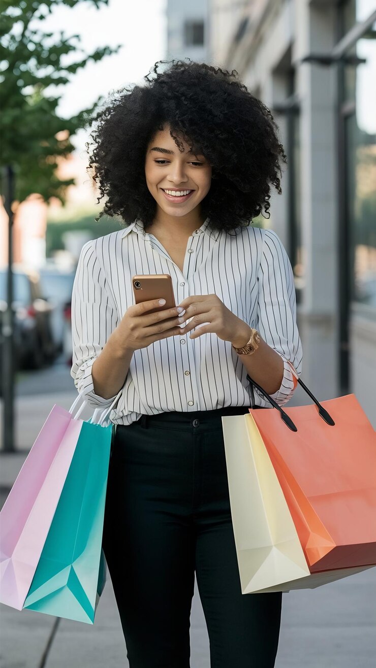 Foto mulher com sacos de compras segurando smartphone