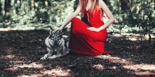 Mulher com seu cachorro lobo na floresta