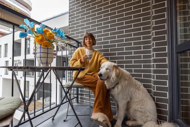Mulher com seu cachorro na varanda do apartamento moderno