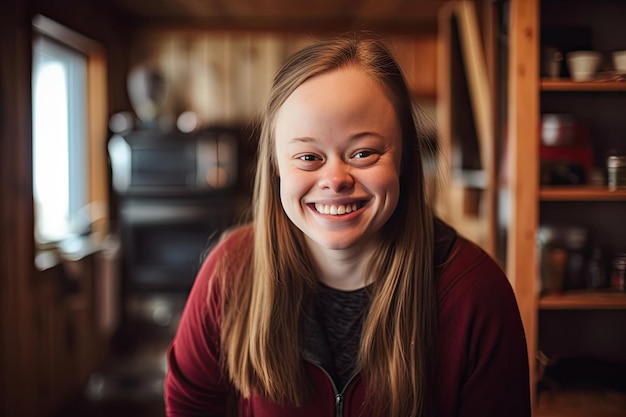 Mulher com síndrome de Down em casa com um rosto feliz em pé e sorrindo com um sorriso confiante mostrando os dentes Generative Ai