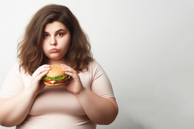 Mulher com sobrepeso come hambúrguer em fundo sólido ai generativo