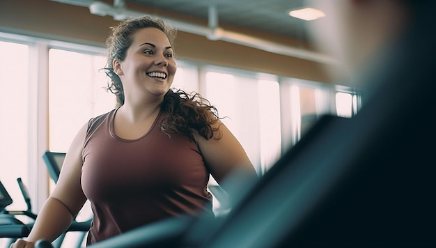 Mulher com sobrepeso na academia trabalhando para perder peso fazendo exercícios físicos e saúde cardio-médica