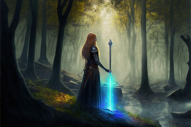 Mulher com sua espada olhando para as misteriosas pedras flutuantes na floresta ilustração de estilo de arte digital pintura conceito de fantasia de uma mulher com espada