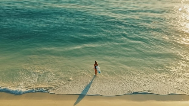 Foto mulher com sua prancha de surf contemplando o mar da praia