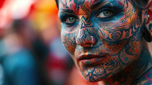 Mulher com tatuagens no rosto e pescoço Auto-Expressão Audaciosa Foto Carnaval