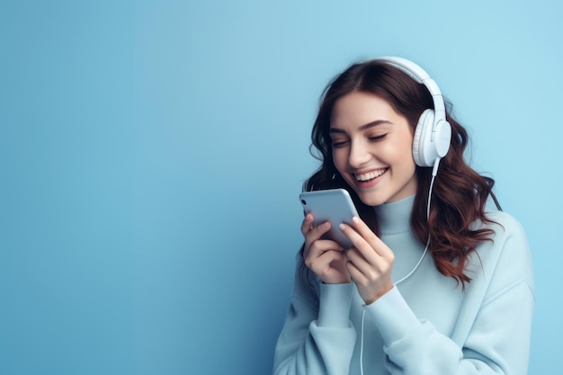 Mulher com telefone em fundo azul