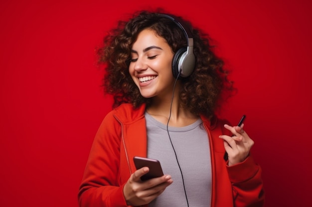 Mulher com telefone em fundo vermelho