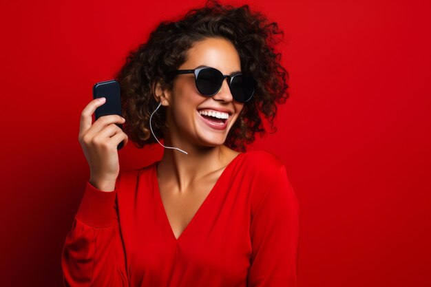 Mulher com telefone em fundo vermelho