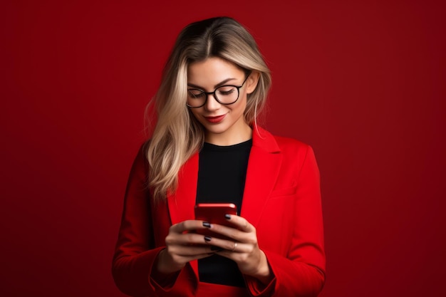 Mulher com telefone em fundo vermelho