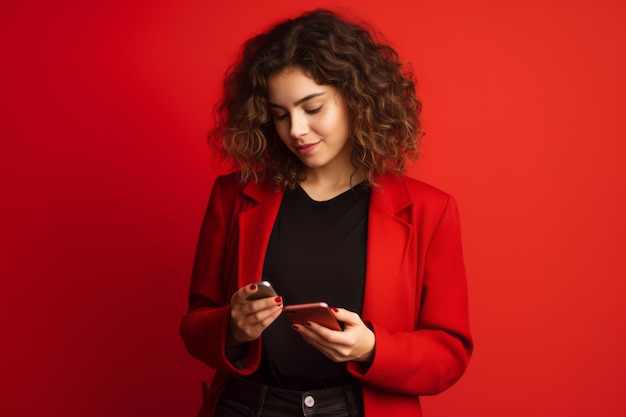 Mulher com telefone em fundo vermelho