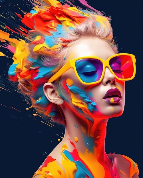 Mulher com tinta colorida no cabelo e óculos de sol modernos em close extremo IA generativa