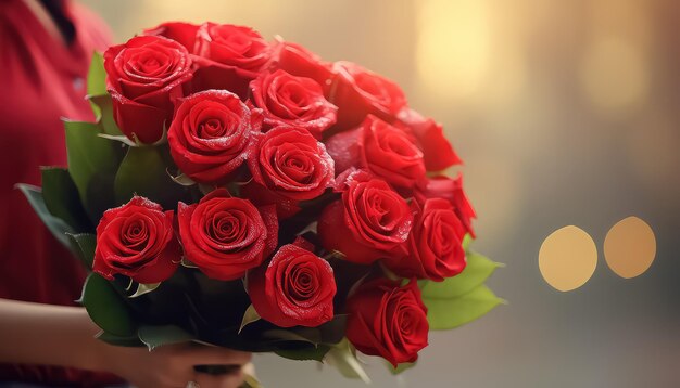 mulher com um buquê de rosas vermelhas conceito do dia de São Valentim